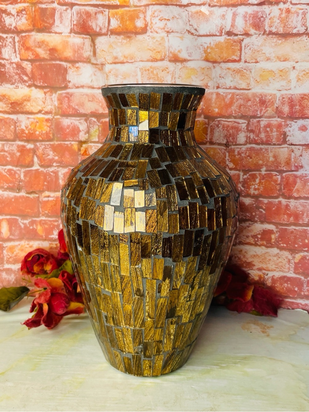 Vintage Three Hands Corp Large Gold Mosaic Statement Urn Vase